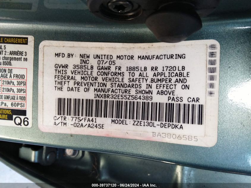 2005 Toyota Corolla Ce VIN: 1NXBR32E55Z564389 Lot: 39737120