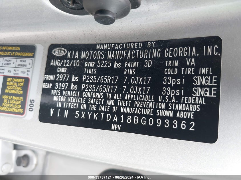 2011 Kia Sorento Lx VIN: 5XYKTDA18BG093362 Lot: 39737121