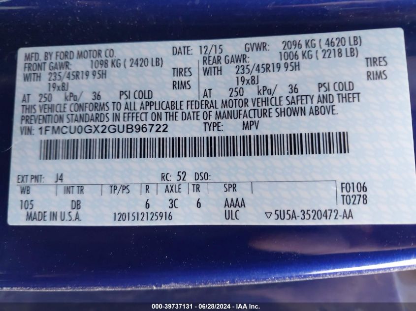 2016 Ford Escape Se VIN: 1FMCU0GX2GUB96722 Lot: 39737131