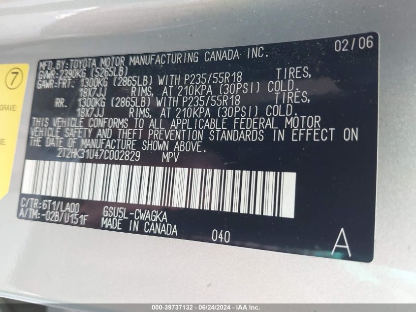 2007 Lexus Rx 350 VIN: 2T2HK31U47C002829 Lot: 39737132