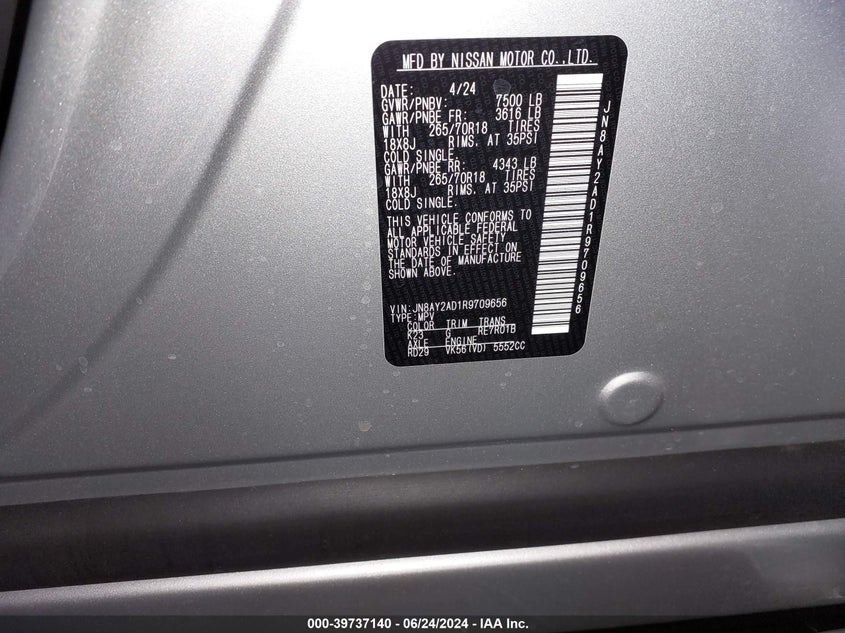 2024 Nissan Armada Sv 4Wd VIN: JN8AY2AD1R9709656 Lot: 39737140