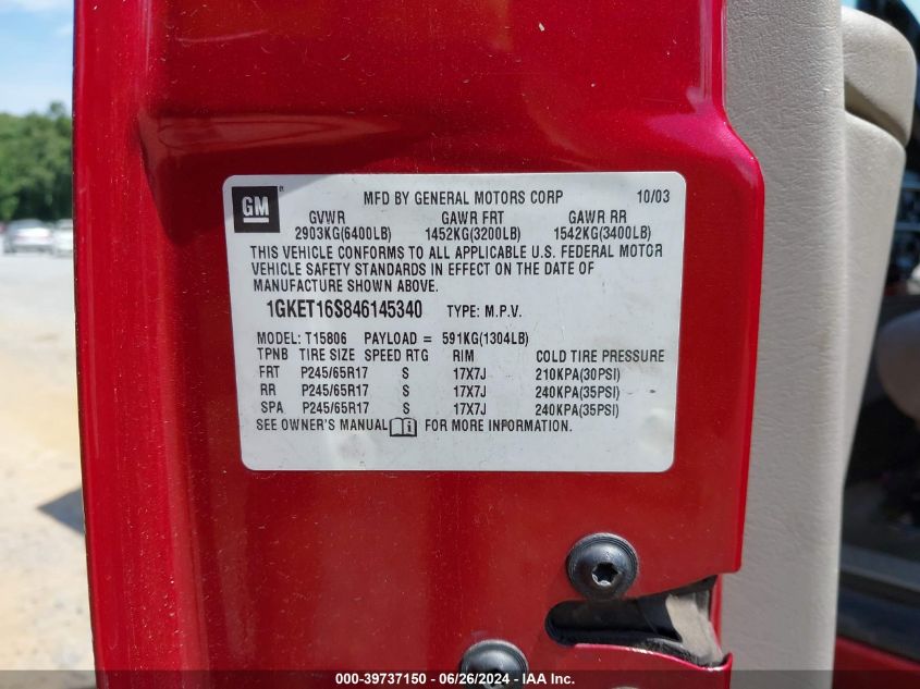 2004 GMC Envoy Xl Sle VIN: 1GKET16S846145340 Lot: 39737150