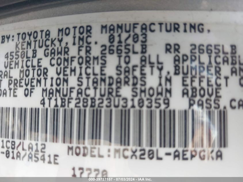 2003 Toyota Avalon Xls VIN: 4T1BF28B23U310359 Lot: 39737157