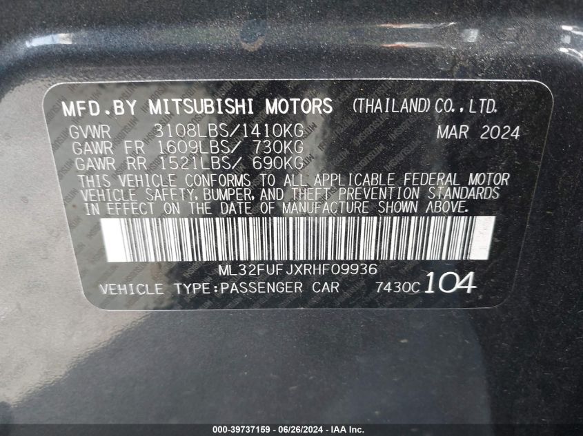 2024 Mitsubishi Mirage G4 Black Edition/Es/Le VIN: ML32FUFJXRHF09936 Lot: 39737159