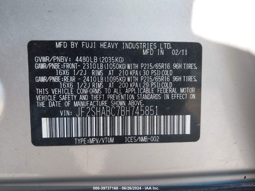 2011 Subaru Forester 2.5X VIN: JF2SHABC7BH745851 Lot: 39737168