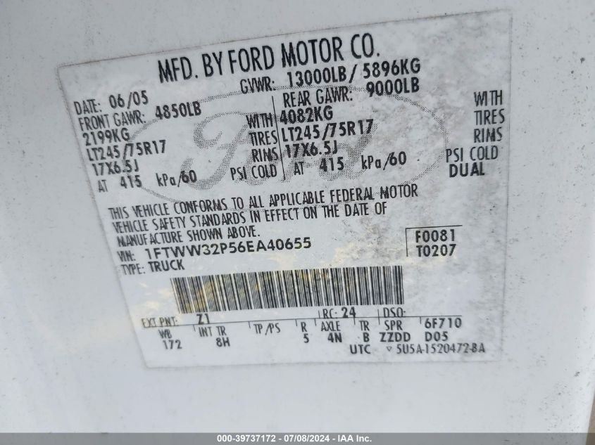 2006 Ford F-350 Lariat/Xl/Xlt VIN: 1FTWW32P56EA40655 Lot: 39737172