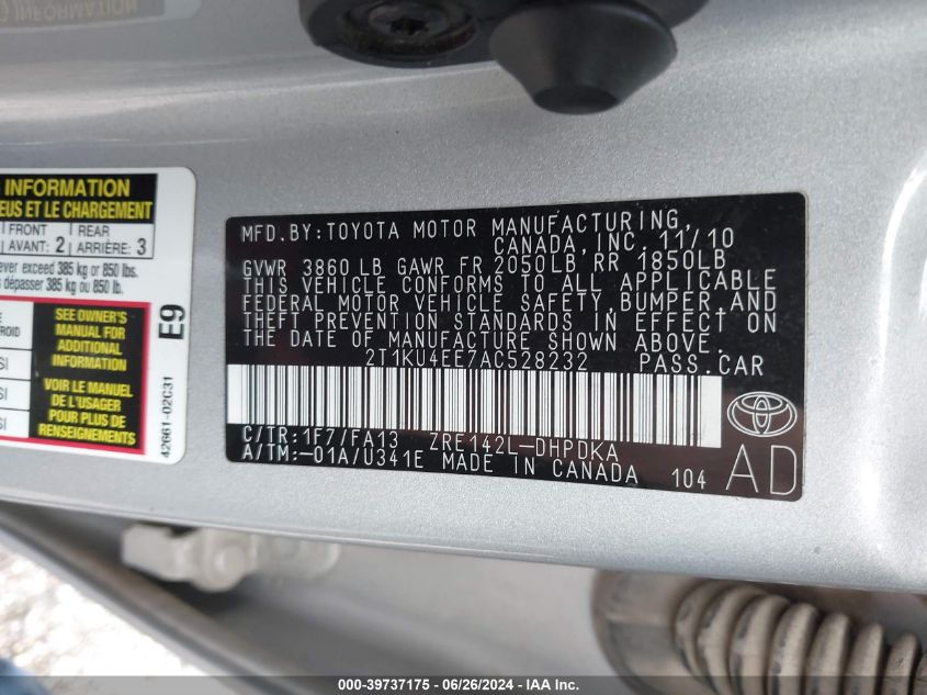 2010 Toyota Corolla Matrix VIN: 2T1KU4EE7AC528232 Lot: 39737175