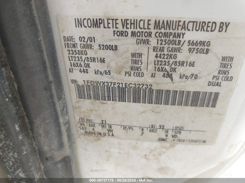 2001 Ford F-350 Lariat/Xl/Xlt VIN: 1FDWX37F21EC32732 Lot: 39737178
