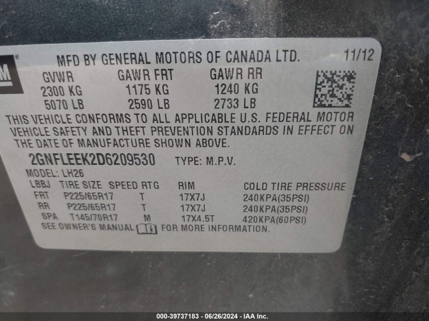 2013 Chevrolet Equinox Lt VIN: 2GNFLEEK2D6209530 Lot: 39737183