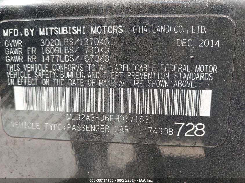 2015 Mitsubishi Mirage De VIN: ML32A3HJ6FH037183 Lot: 39737193