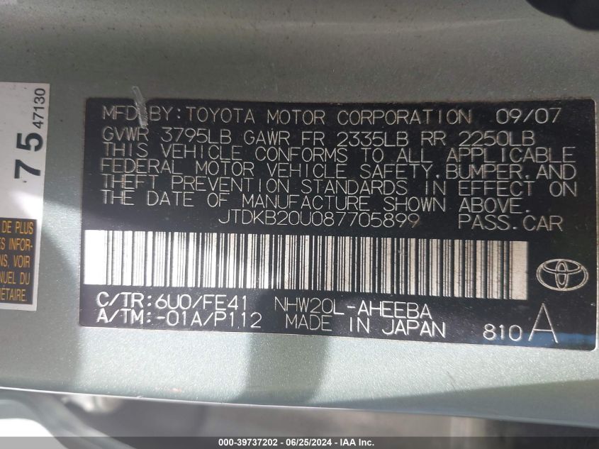 2008 Toyota Prius VIN: JTDKB20U087705899 Lot: 39737202