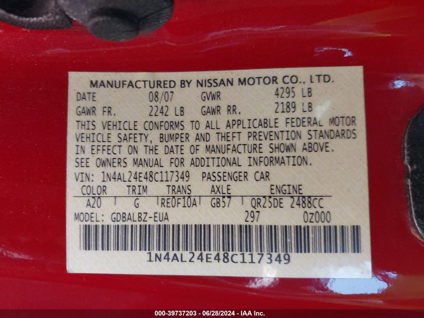 2008 Nissan Altima 2.5 S VIN: 1N4AL24E48C117349 Lot: 39737203