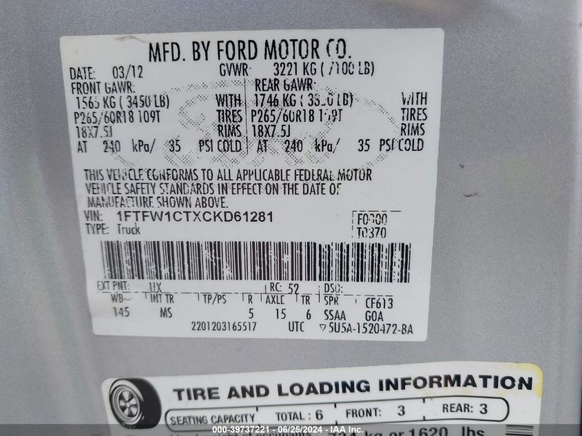 2012 Ford F-150 Xlt VIN: 1FTFW1CTXCKD61281 Lot: 39737221