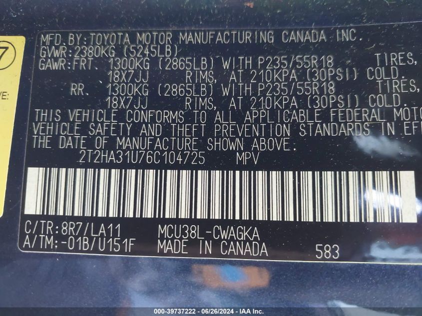 2006 Lexus Rx 330 VIN: 2T2HA31U76C104725 Lot: 39737222