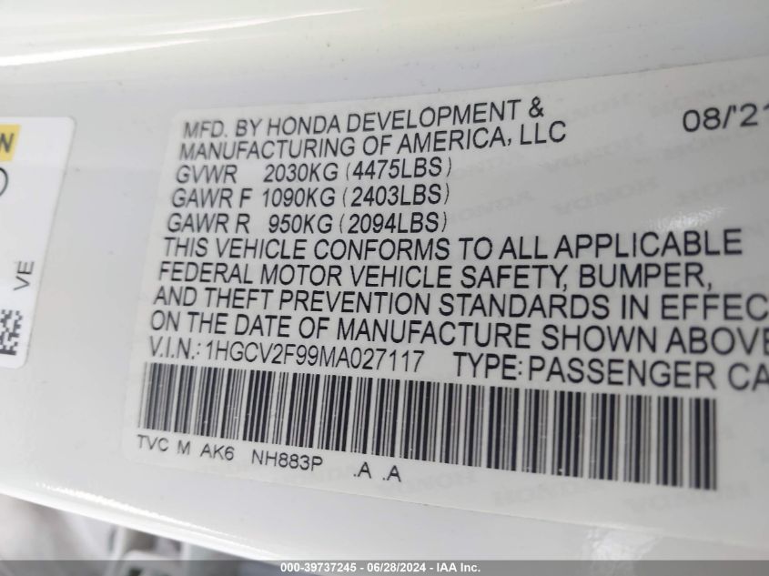 1HGCV2F99MA027117 2021 Honda Accord Touring