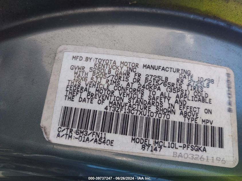 1999 Toyota Sienna Le VIN: 4T3ZF13C7XU107070 Lot: 39737247