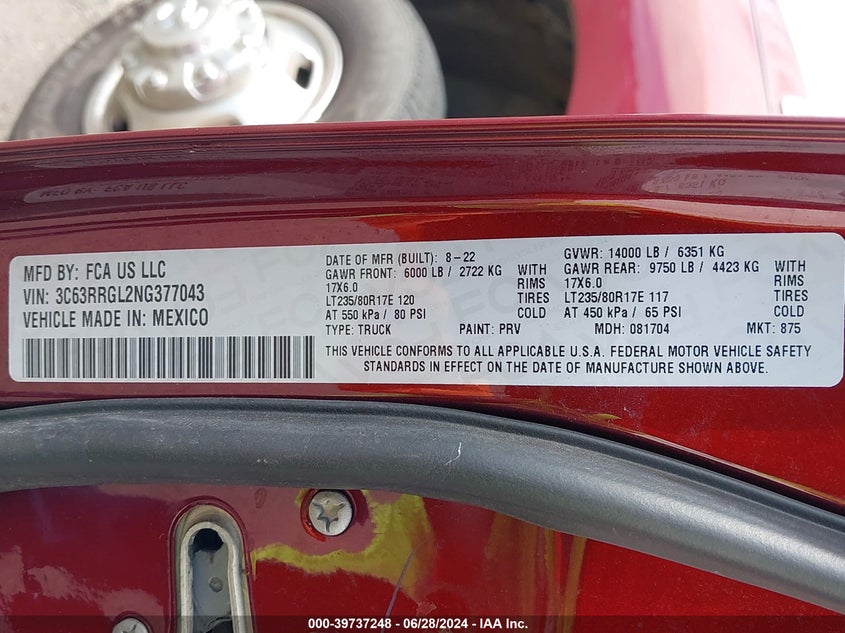 2022 RAM 3500 (VIN: 3C63RRGL2NG377043