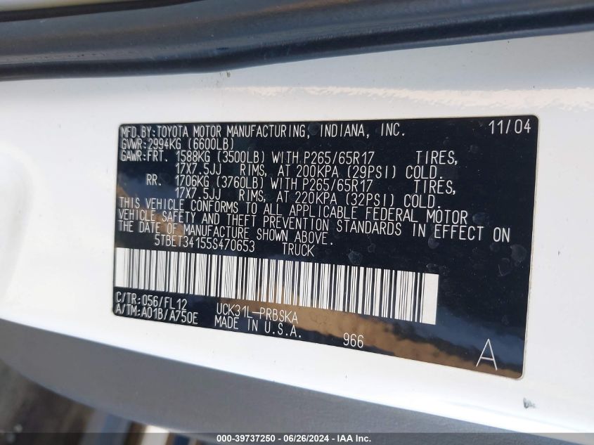 2005 Toyota Tundra Double Cab Sr5 VIN: 5TBET34155S470653 Lot: 39737250