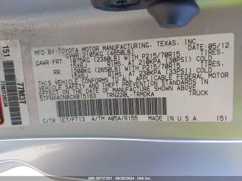 2012 Toyota Tacoma VIN: 5TFNX4CN8CX015163 Lot: 39737251