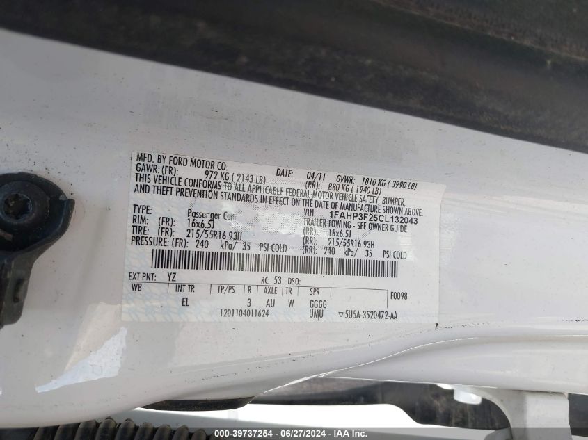 2012 Ford Focus Se VIN: 1FAHP3F25CL132043 Lot: 39737254