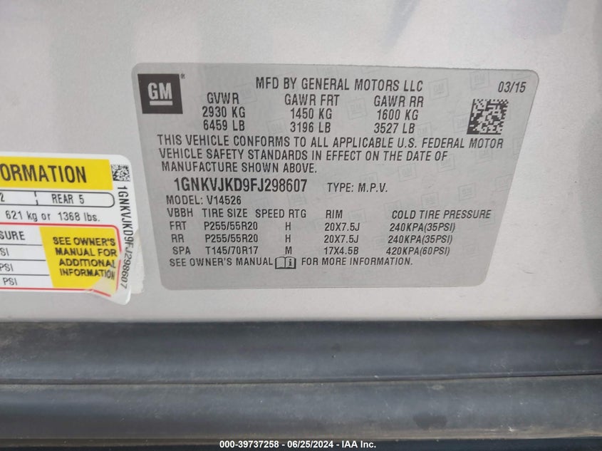 2015 Chevrolet Traverse Ltz VIN: 1GNKVJKD9FJ298607 Lot: 39737258