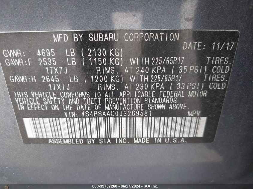 2018 Subaru Outback 2.5I VIN: 4S4BSAAC0J3269581 Lot: 39737260