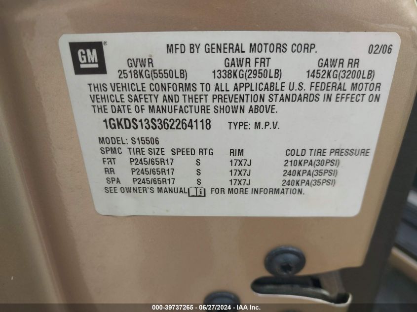 2006 GMC Envoy Sle VIN: 1GKDS13S362264118 Lot: 39737265