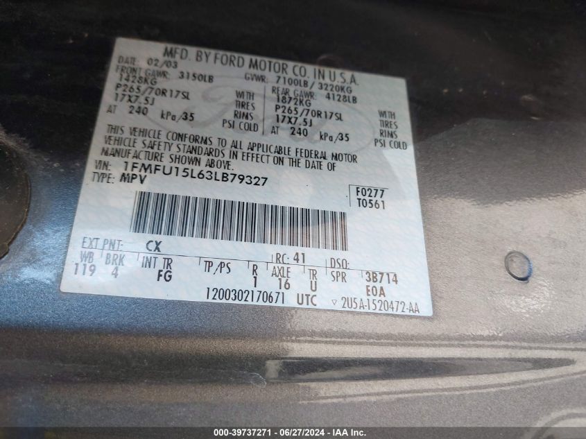 2003 Ford Expedition Xlt VIN: 1FMFU15L63LB79327 Lot: 39737271