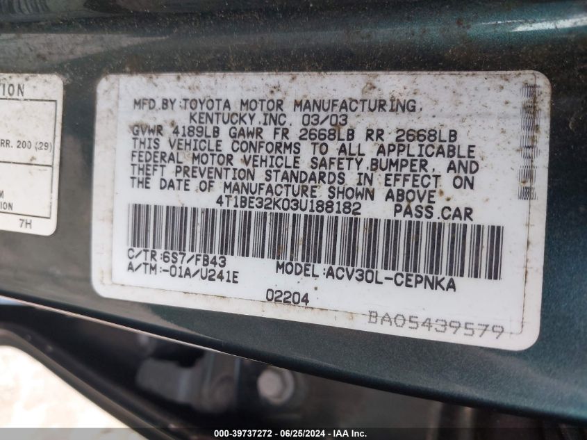 2003 Toyota Camry Le VIN: 4T1BE32K03U188182 Lot: 39737272