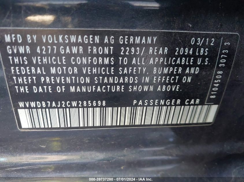 2012 Volkswagen Golf 2.5L 4-Door VIN: WVWDB7AJ2CW285698 Lot: 39737280