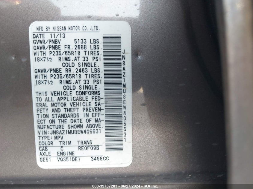 2014 NISSAN MURANO SL - JN8AZ1MU8EW405531