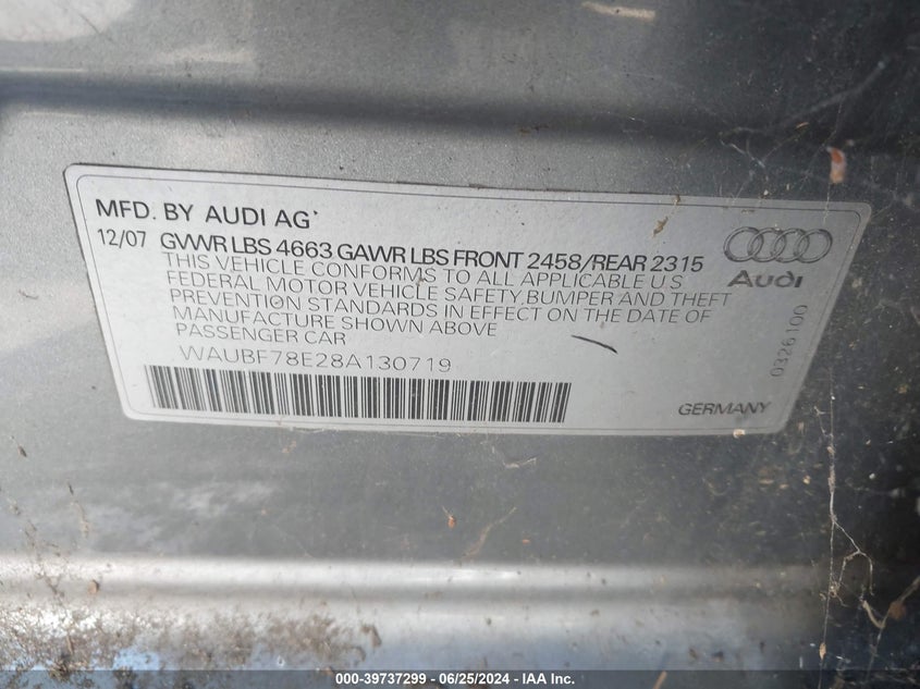 2008 Audi A4 S-Line 2.0T Turbo VIN: WAUBF78E28A130719 Lot: 39737299