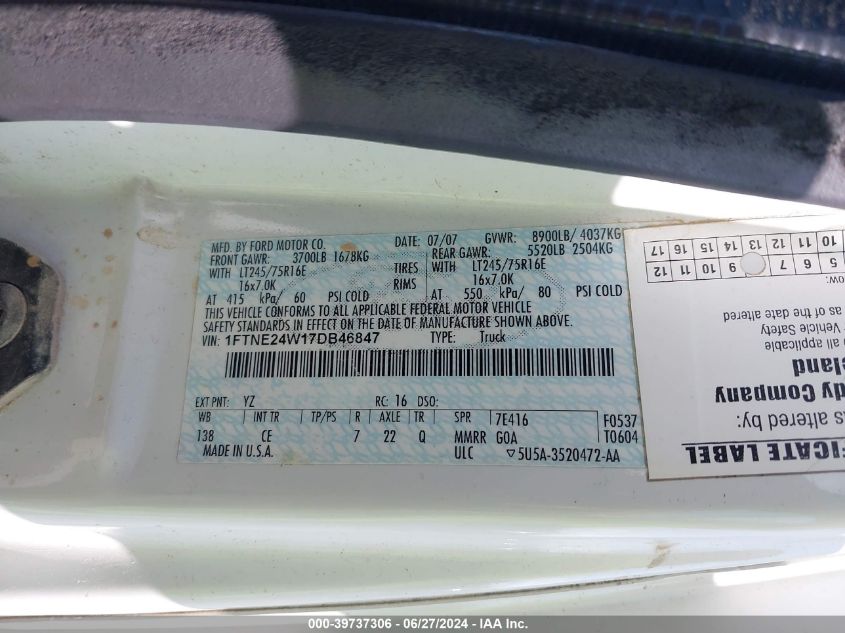 2007 Ford Econoline E250 Van VIN: 1FTNE24W17DB46847 Lot: 39737306