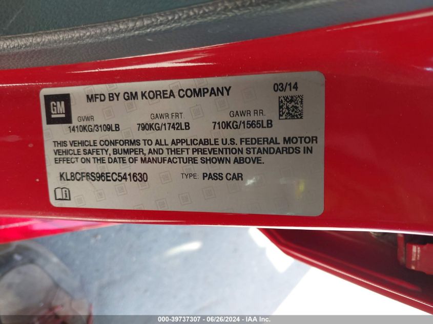 2014 Chevrolet Spark 2Lt Auto VIN: KL8CF6S96EC541630 Lot: 39737307