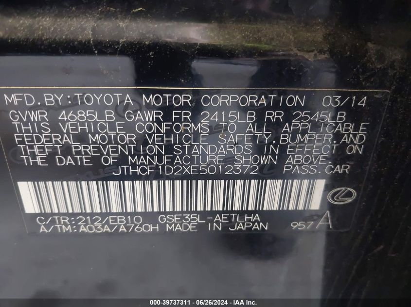 2014 Lexus Is 250 VIN: JTHCF1D2XE5012372 Lot: 39737311