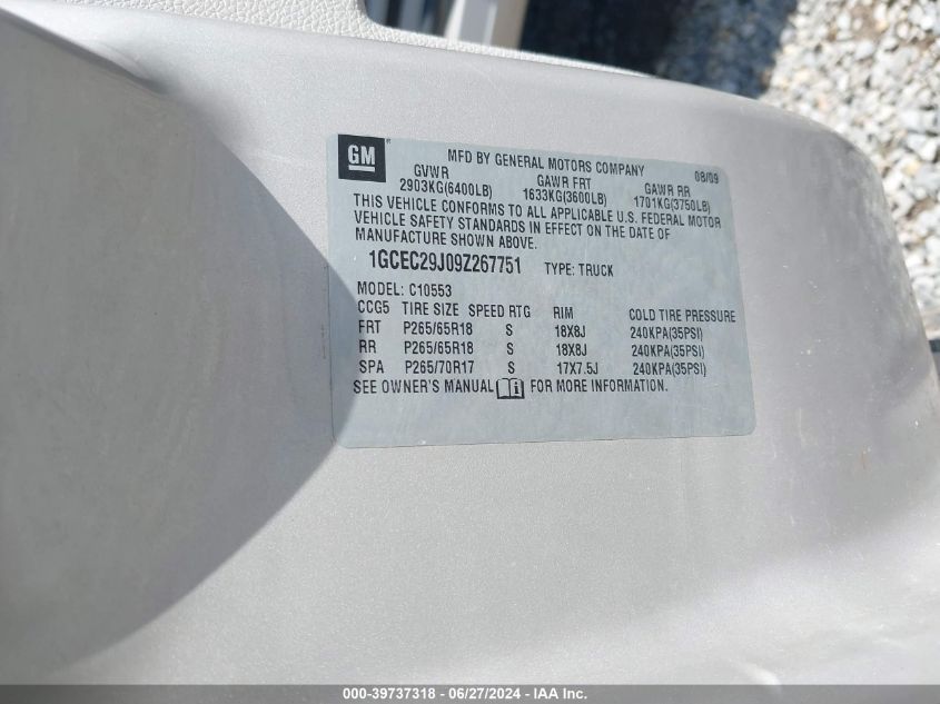 2009 Chevrolet Silverado 1500 Lt VIN: 1GCEC29J09Z267751 Lot: 39737318