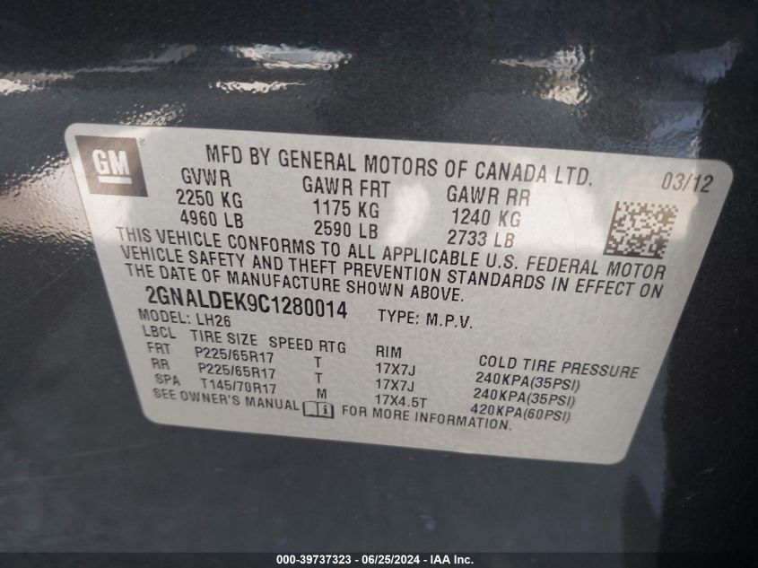 2012 Chevrolet Equinox Lt VIN: 2GNALDEK9C1280014 Lot: 39737323