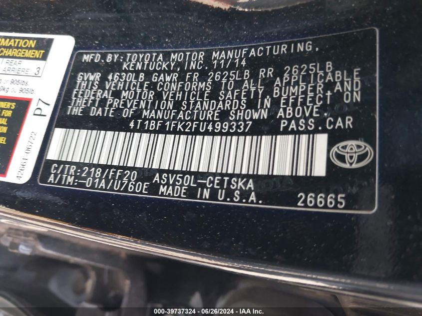 4T1BF1FK2FU499337 | 2015 TOYOTA CAMRY