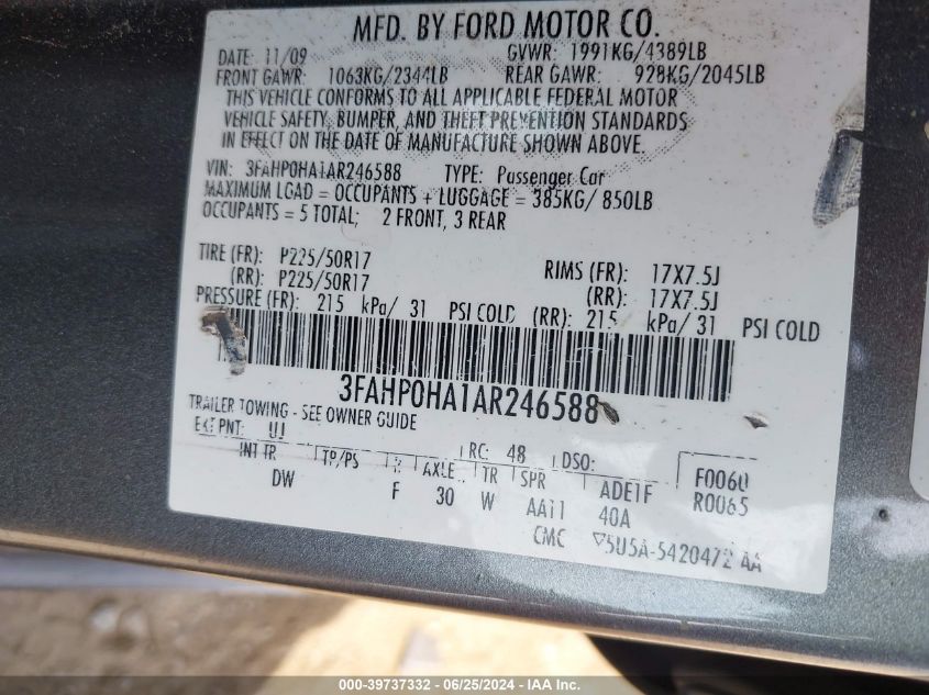 2010 Ford Fusion Se VIN: 3FAHP0HA1AR246588 Lot: 39737332