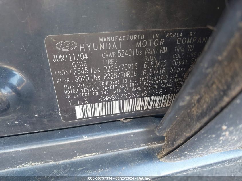 2004 Hyundai Santa Fe Gls VIN: KM8SC73D64U819967 Lot: 39737334