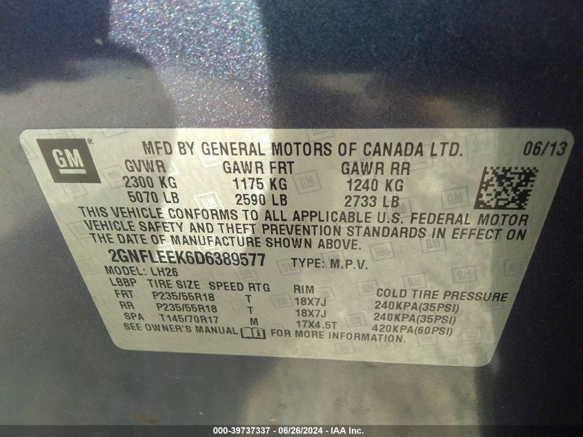 2013 Chevrolet Equinox Lt VIN: 2GNFLEEK6D6389577 Lot: 39737337