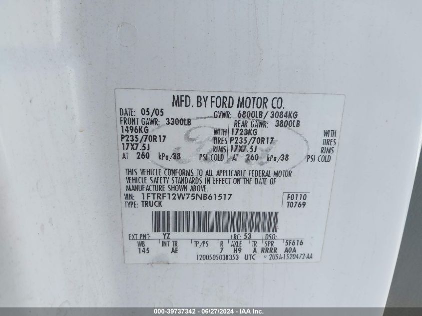 2005 Ford F150 VIN: 1FTRF12W75NB61517 Lot: 39737342