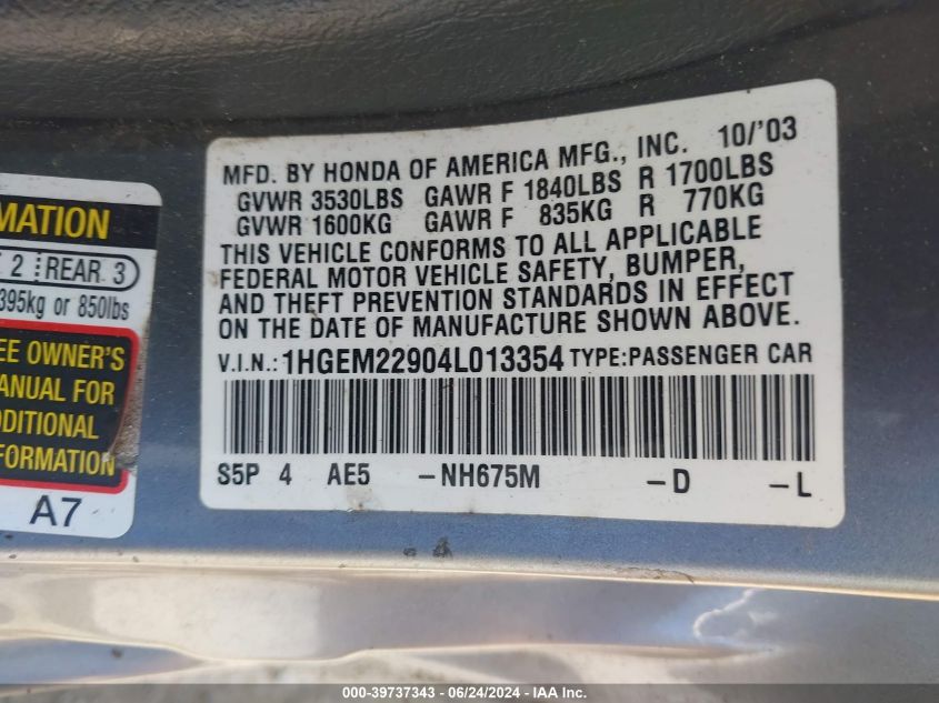 2004 Honda Civic Ex VIN: 1HGEM22904L013354 Lot: 39737343
