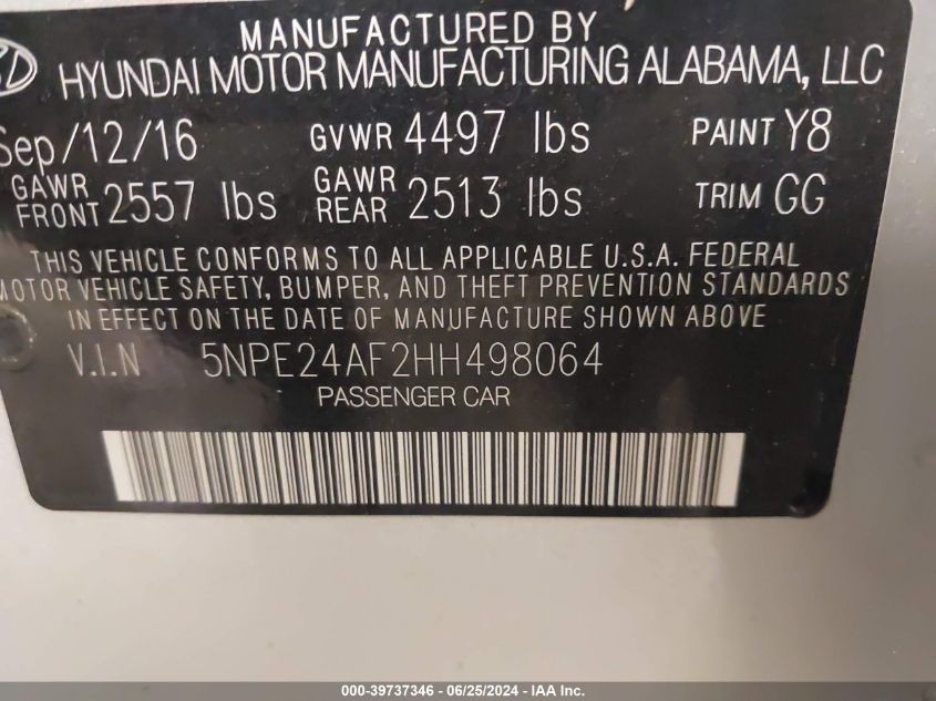 2017 Hyundai Sonata VIN: 5NPE24AF2HH498064 Lot: 39737346