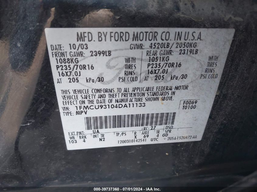 2004 Ford Escape Xlt VIN: 1FMCU93104DA11133 Lot: 39737360