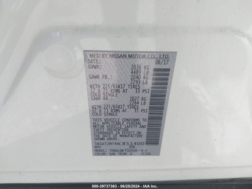 2017 Nissan Rogue Sv VIN: 5N1AT2MT4HC851400 Lot: 39737363