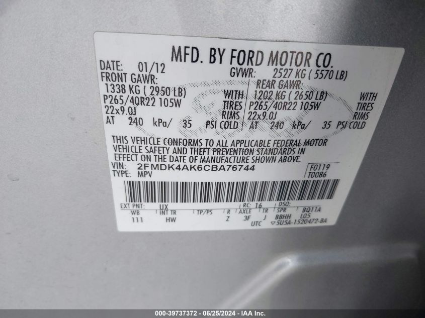 2012 Ford Edge Sport VIN: 2FMDK4AK6CBA76744 Lot: 39737372