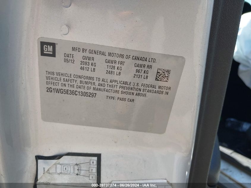 2012 Chevrolet Impala Lt VIN: 2G1WG5E36C1305297 Lot: 39737374