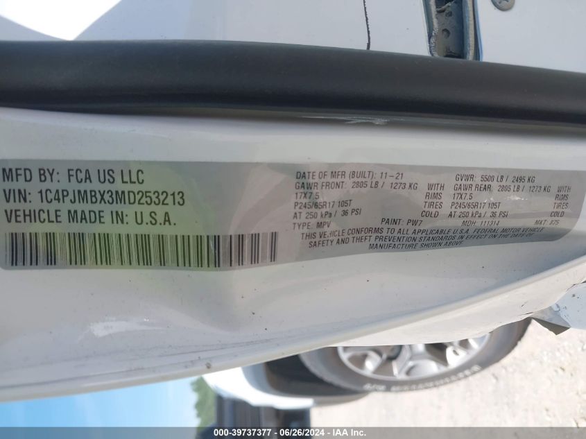 2021 Jeep Cherokee Trailhawk 4X4 VIN: 1C4PJMBX3MD253213 Lot: 39737377