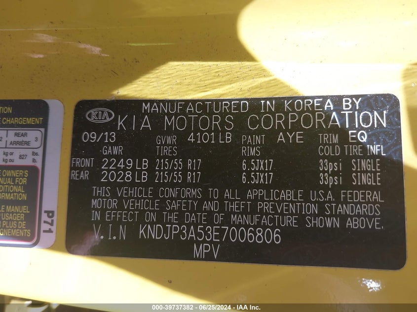 2014 Kia Soul + VIN: KNDJP3A53E7006806 Lot: 39737382